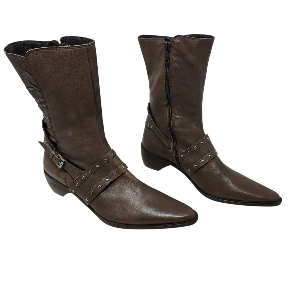 Fidji Boots sz‎ 38.5 US 8.5 Women Brown Leather Studded Buckle Western Portugal